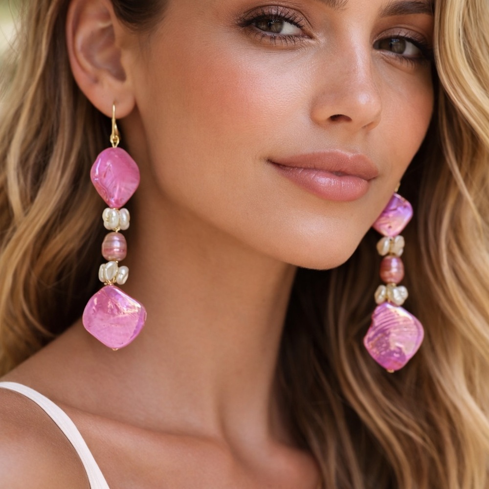 Handcrafted Pink Mother of Pearl Freshwater Pearl Dangle Earrings